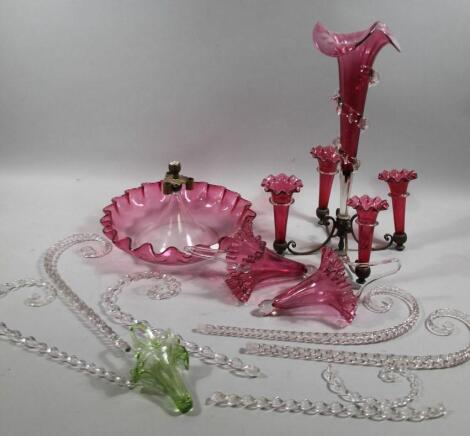 A cranberry glass epergne