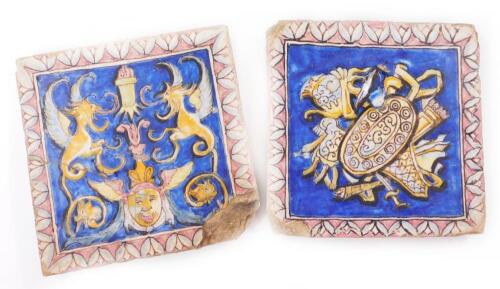 Two medieval style pottery floor tiles