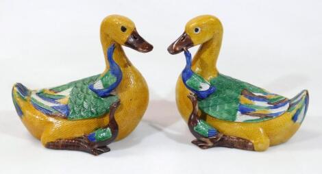 A pair of Chinese Ming style pottery ducks