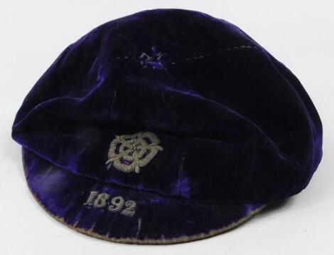 George Toone - England & Notts County FC Goalkeeper. A purple velvet England cap dated 1892.