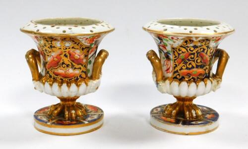 A pair of 19thC Crown Derby Imari miniature two handled campana urns