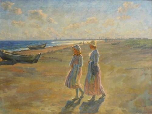 Johannes M Fasting Wilhjelm (1868-1938). Mother and daughter walking on a beach