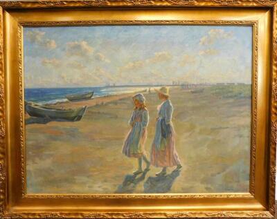 Johannes M Fasting Wilhjelm (1868-1938). Mother and daughter walking on a beach - 2