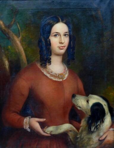 19thC British School. Half length portrait of a young lady with dog