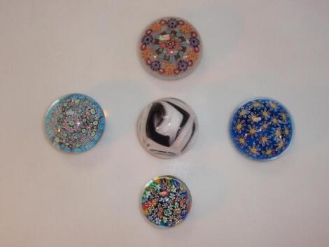 Five unnamed paperweights some with millefiori canes