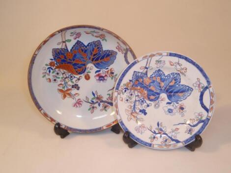 A Spode stone china saucer dish printed in blue and gilt with the tobacco leaf pattern