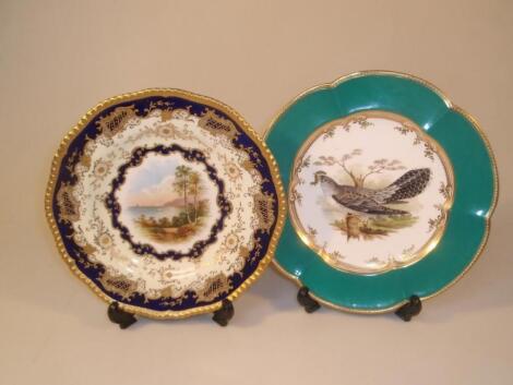 A Minton cabinet plate painted to the centre with a bird