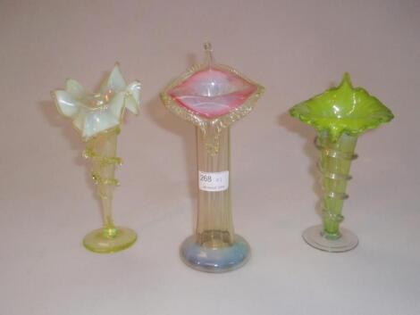 A Vaseline glass jack in the pulpit vase with pink flushed top