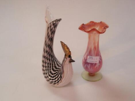 A Venetian style glass cockerel together with a Victorian footed vase with flared rim