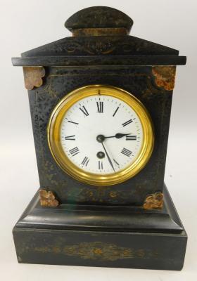A late 19thC French black slate and marble mantel clock