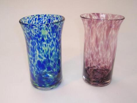 Two mottled glass cylinder vases