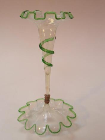 A Victorian Vaseline glass table centre with green highlights and applied twist