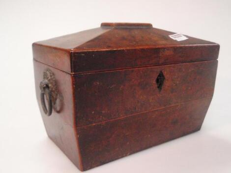 An early 19thC yew wood sarcophagus tea caddy