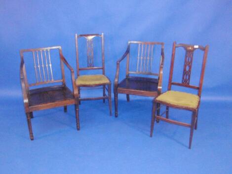 Two pairs of chairs. One a pair of Edwardian bedroom chairs with inlay