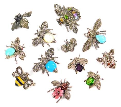 A group of marquisette and gem set insect and bee brooches. (12)