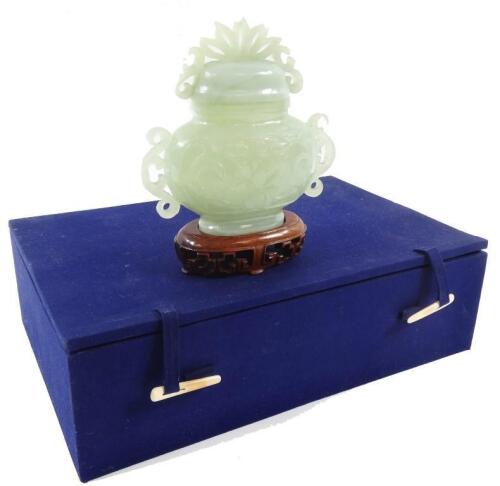 A Chinese late 20thC jadeite censer and cover