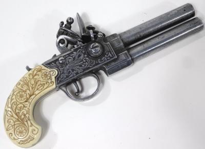 A 20thC replica of double barrel flint lock pistol - 2