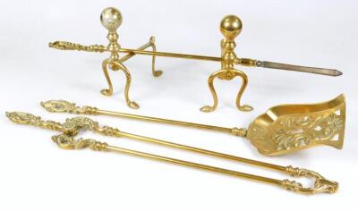 A set of three Victorian brass and steel fire irons