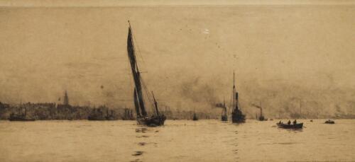 William Lionel Wyllie RA (c.1851-1931). River scene possibly on the Thames with steam ships and sail