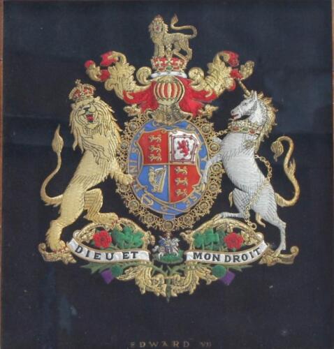 A fine cased embroidery of the Royal Coat of Arms