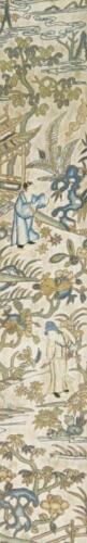 A small 19thC Chinese embroidered silk panel with figures amid flowing shrubs