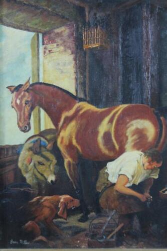 Joan Miller (20thC School). Farrier shoeing a horse