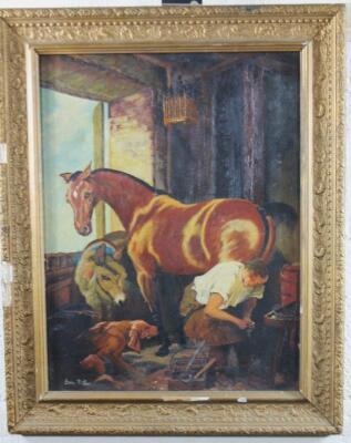 Joan Miller (20thC School). Farrier shoeing a horse - 2