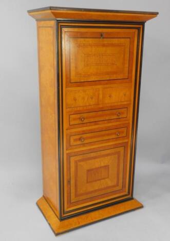 A Biedermeier style satin birch burr yew and ebonised secretaire a abattant