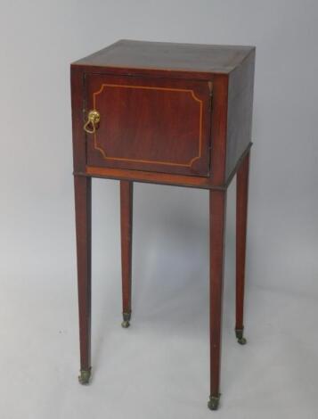 An Edwardian mahogany and box wood line inlaid pot cupboard