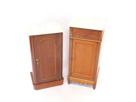 Two Victorian white marble topped and mahogany pot cupboards