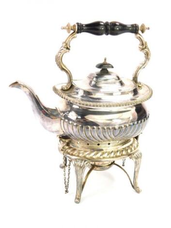 A Victorian silver plated part reeded spirit kettle on stand