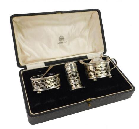 A George V silver three piece condiment set