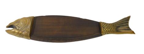 A French 20thC wooden and metal platter modelled as a fish