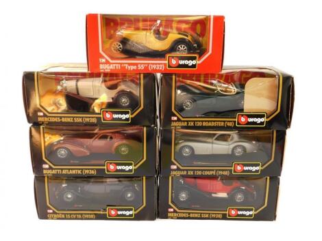 Seven Burago die cast model vintage sports cars