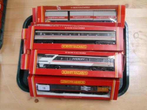 Four Hornby 00 gauge British Rail diesel locomotives and four carriages (all boxed)