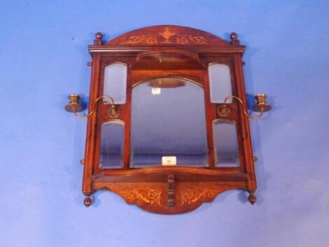 A late Victorian rosewood marquetry wall mirror with sconces