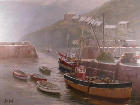 John Hewitt (20thC). Moored fishing boats within harbour walls