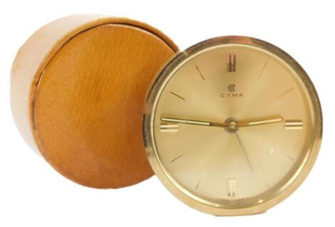 A 1960s/70s Cyma gilt metal travelling alarm clock