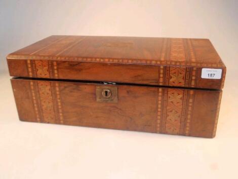 A 19thC walnut writing box with Tunbridge ware style banding