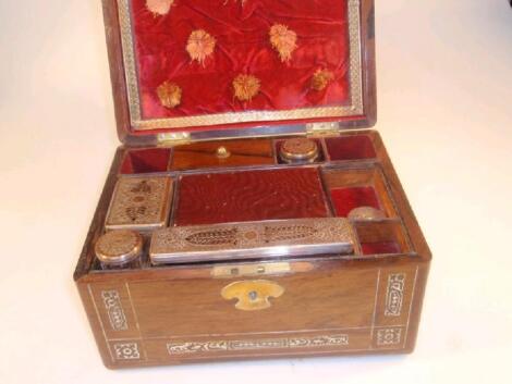 A Victorian rosewood travelling case with mother-of-pearl inlay