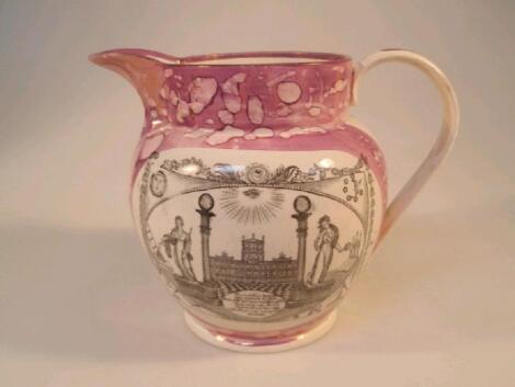 A 19thC Sunderland purple lustre Masonic jug