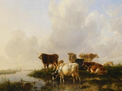 Thomas Sidney Cooper (1803-1902). A bull and seven cows on the bank of a river - evening in marshes