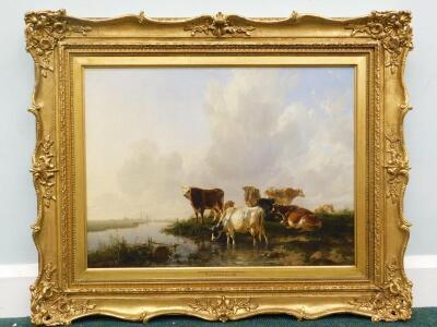 Thomas Sidney Cooper (1803-1902). A bull and seven cows on the bank of a river - evening in marshes - 2