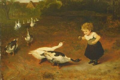 E Hovasa (?) (19thC). Young girl startled by geese