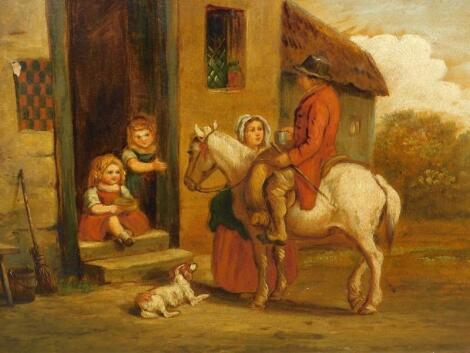 19thC British School. Figure on horseback outside cottage