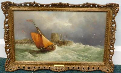 James Webb (1825-1895). Fishing boats in heavy seas off a jetty - 2