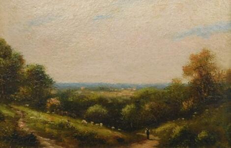 19thC British School. Country landscape with shepherd