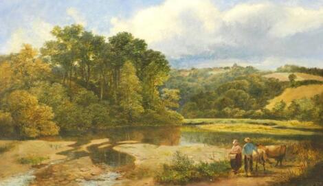 19thC British School. River landscape with figures