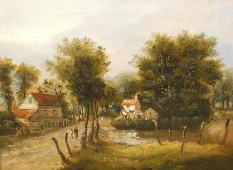 19thC British School. Country scene with cottages and figures