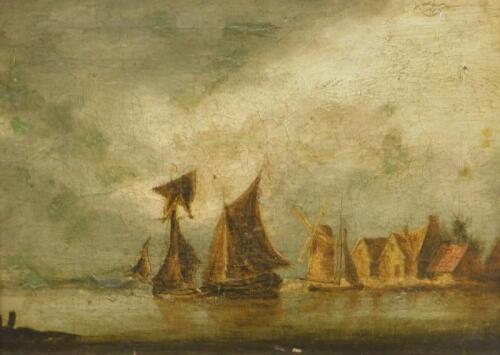 19thC Dutch School. Masted ships in coastal scene